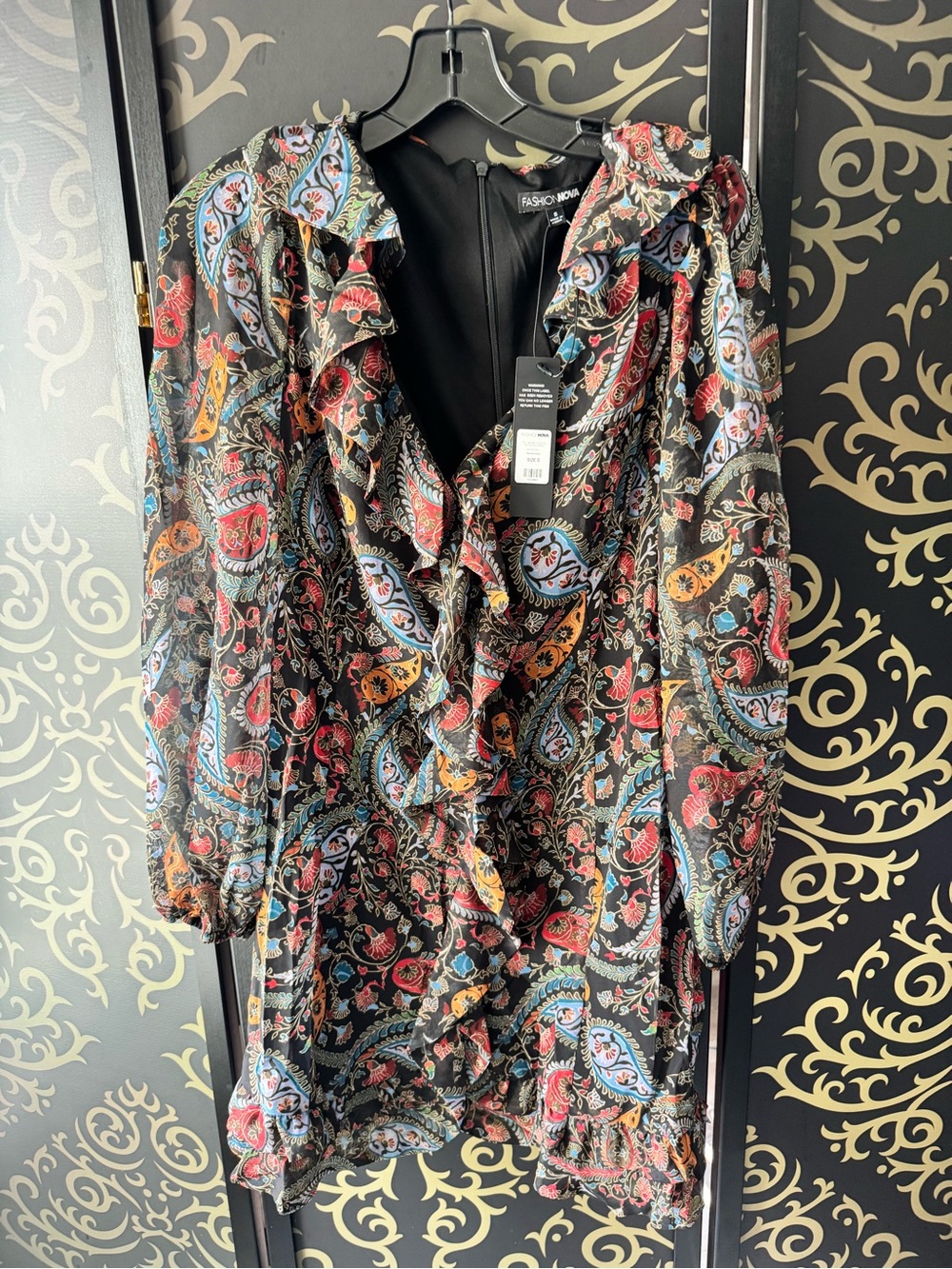 Fashion Nova Black Paisley Mini Dress with Multicolor Floral Print